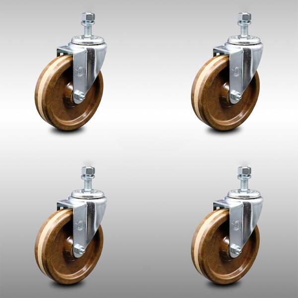 5 Inch SS High Temp Phenolic Wheel Swivel 1/2 Inch Threaded Stem Caster Set SCC